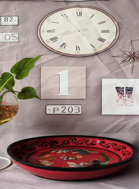 彩绘古典风做旧木质圆形托盘