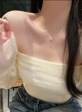 蝴蝶结吊坠项链锁骨链钛钢女珍珠