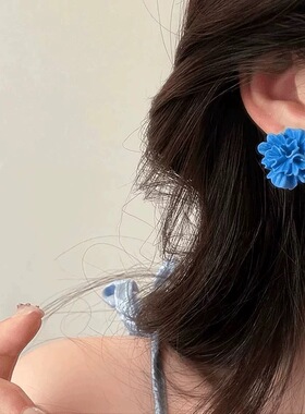 S925银针蓝色立体花朵耳钉女小众高级感2026开春新爆款耳环耳饰女