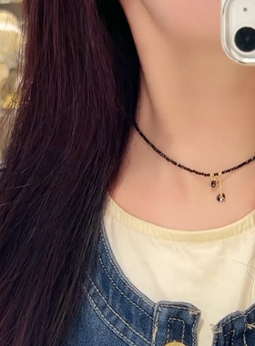 天然黑色水晶流苏颈链2024新款潮气质时尚高级感百搭项链