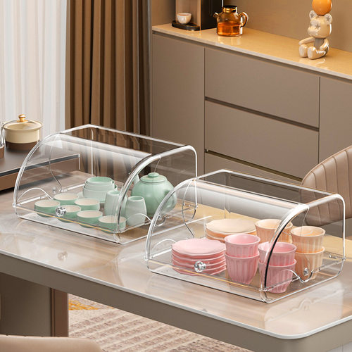 翻盖茶具收纳盒透明酒杯防尘放功夫茶杯橱柜装碗茶壶翻盖式置物架 - 图2