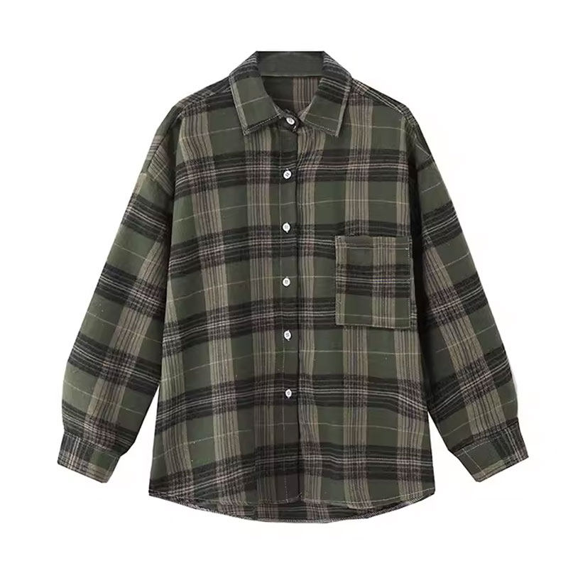 美式复古绿色格子衬衫外套女夏季大码胖MM慵懒风衬衣薄款长袖上衣