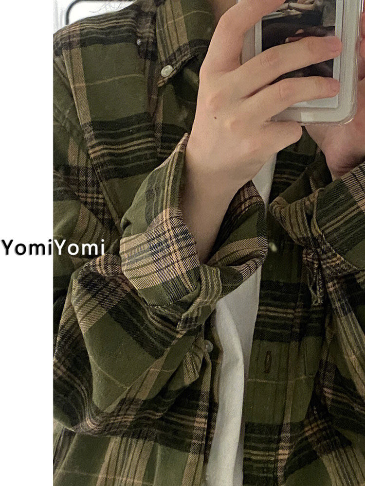 美式复古绿色格子衬衫外套女夏季大码胖MM慵懒风衬衣薄款长袖上衣