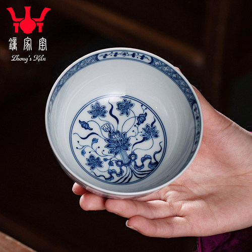 钟家窑品茗杯景德镇功夫茶杯手工青花柴窑青荷莲塘主人杯单杯大号 - 图2