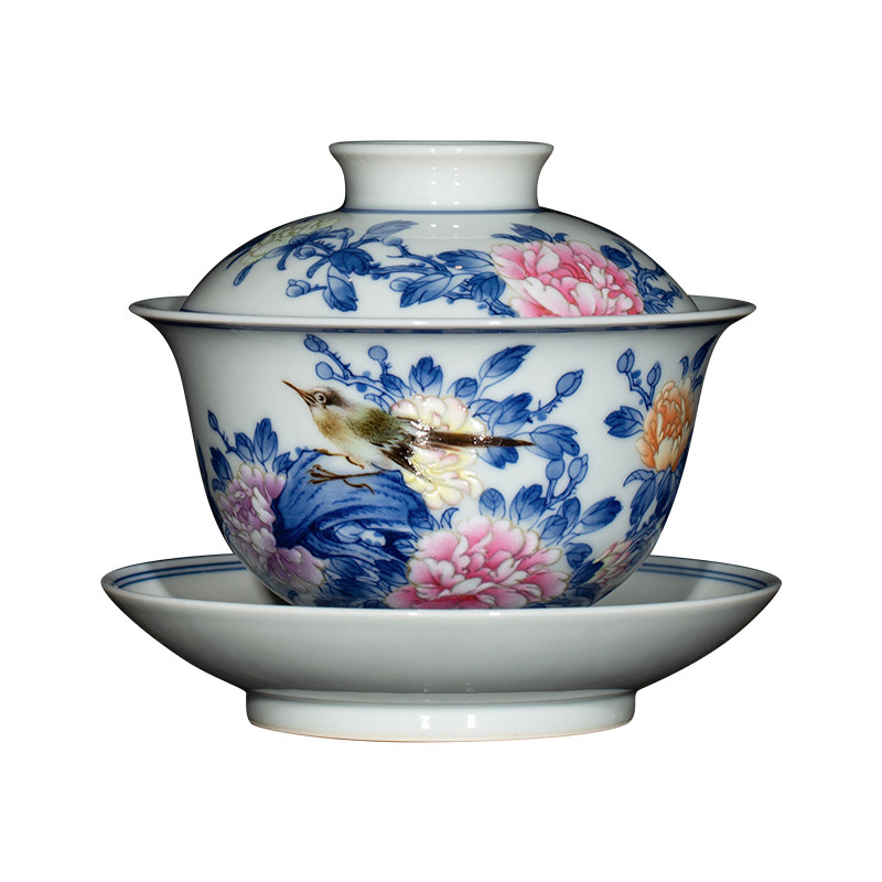 钟家窑陶瓷盖碗景德镇名师万海华老师手绘斗彩花鸟花开富贵泡茶碗,淘宝优惠券,粉丝福利购,淘宝优惠卷