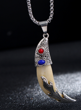 狼牙吊坠钛钢项链藏银黑狗牙挂件