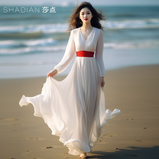 白色连衣裙2025夏季新款大摆裙长袖长裙长款到脚踝海边度假沙滩裙
