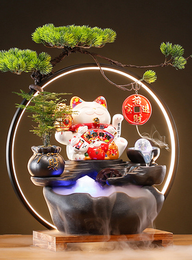 新中式创意招财猫循环流水客厅办公室收银台装饰招财摆件开m业礼