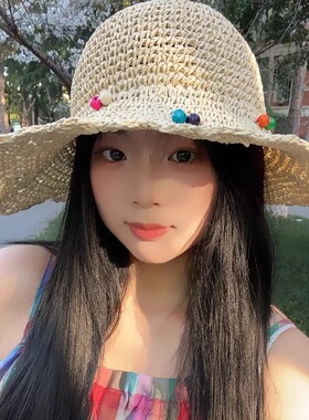 彩色豆豆大帽檐防晒草帽女户外