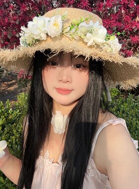 山茶花蝴蝶结飘带拉菲草帽女