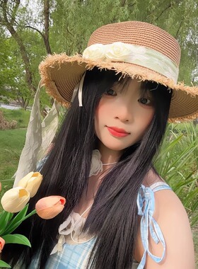 花朵蝴蝶结编织草帽法式平顶礼帽
