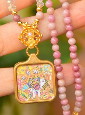 西藏半手绘描金唐卡钛钢吊坠扎基拉姆财神项链水晶珠链短款锁骨链