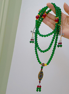 复古民族风绿色水晶斜挎项链佛珠念珠男女百搭项链毛衣链挂件配饰