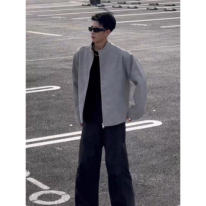 灰色雾面皮衣外套男春秋痞帅立领机车夹克美式正肩短款广州棒球服,淘宝优惠券,粉丝福利购,淘宝优惠卷