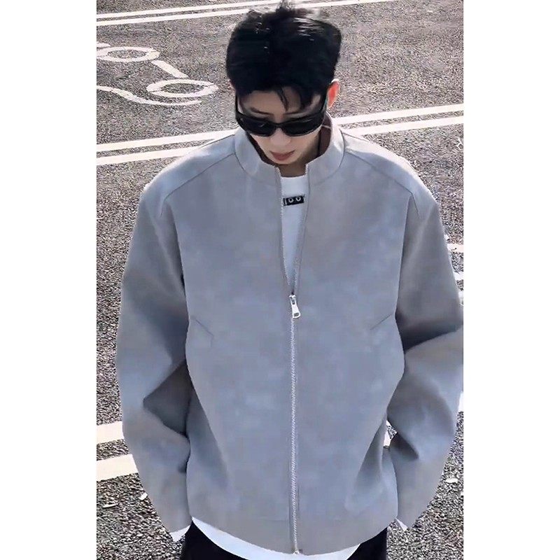 灰色雾面皮衣外套男春秋痞帅立领机车夹克美式正肩短款广州棒球服,淘宝优惠券,粉丝福利购,淘宝优惠卷