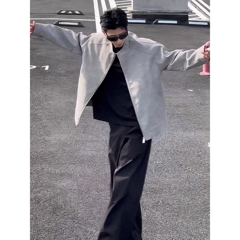 灰色雾面皮衣外套男春秋痞帅立领机车夹克美式正肩短款广州棒球服,淘宝优惠券,粉丝福利购,淘宝优惠卷