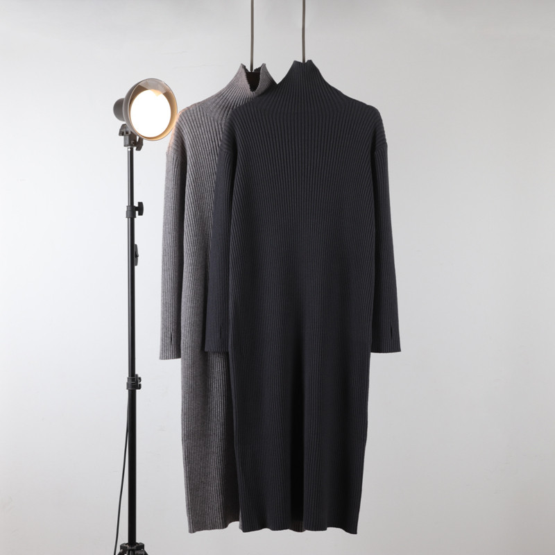 针织打底连衣裙女秋冬纯色高领小个子宽松中长款毛衣裙过膝长裙子