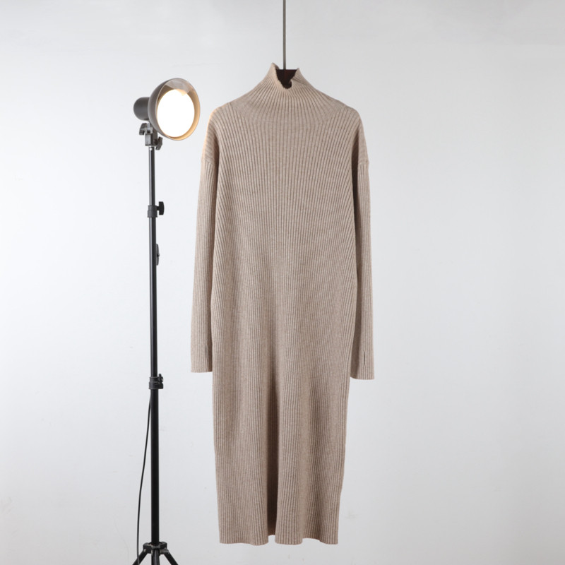 针织打底连衣裙女秋冬纯色高领小个子宽松中长款毛衣裙过膝长裙子