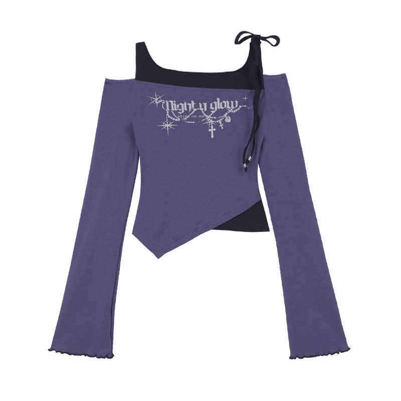 SagiDolls少女斗志黑紫纯欲假两件露肩长袖T恤甜辣修身显瘦百搭冬,淘宝优惠券,粉丝福利购,淘宝优惠卷