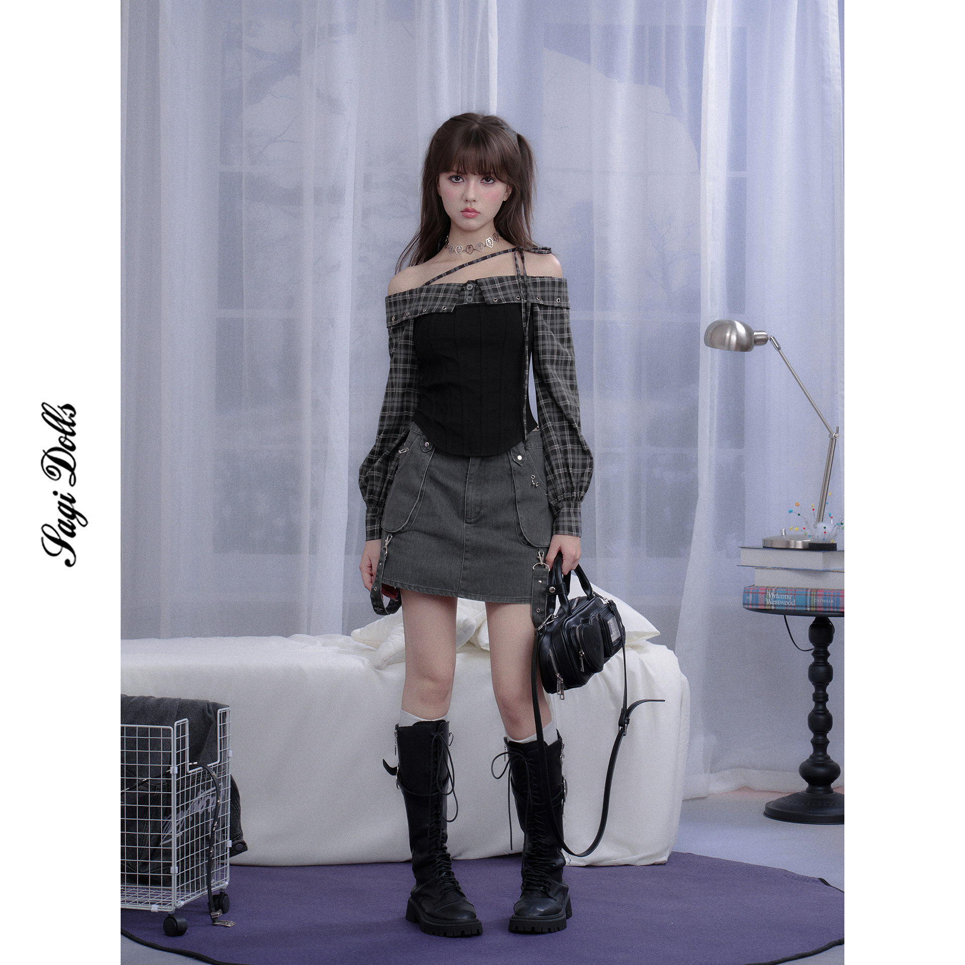 SagiDolls少女斗志 #第19夜歌#酷辣反叛doll感格纹绑带一字肩衬衫,淘宝优惠券,粉丝福利购,淘宝优惠卷