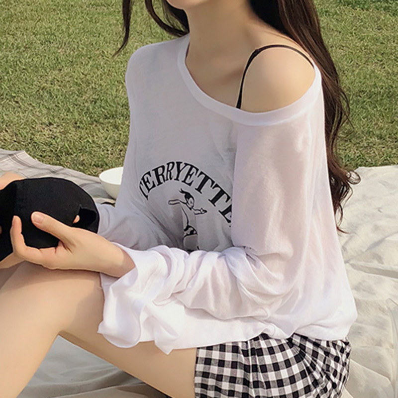 夏季白色t恤长袖宽松露肩风打底衫 monie服饰T恤