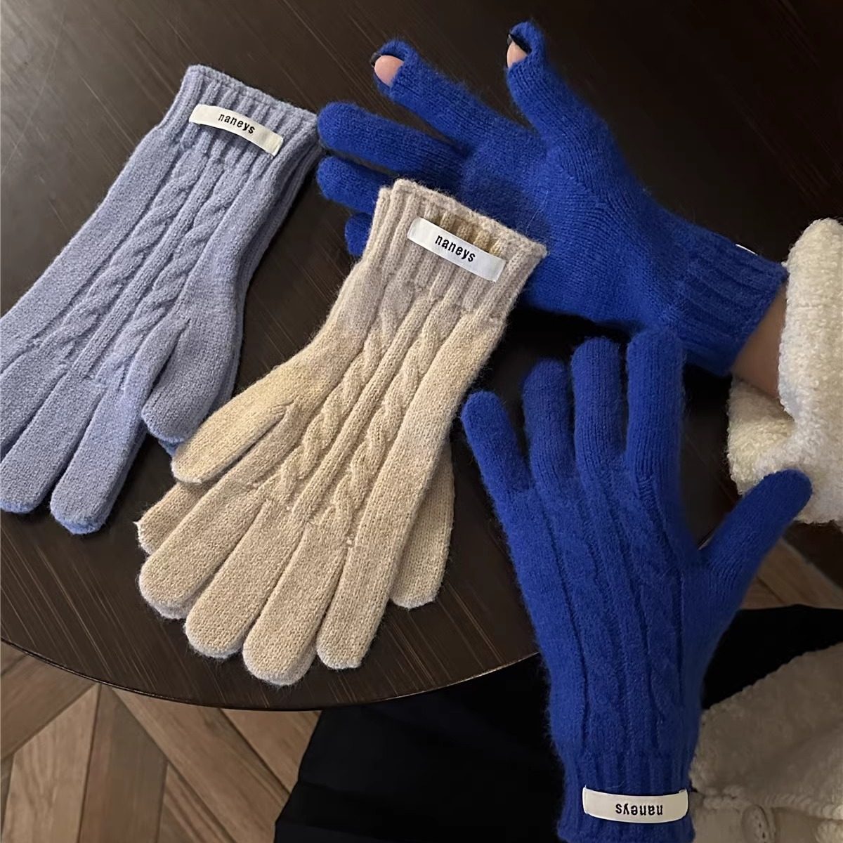宝蓝色简约麻花百搭针织毛线手套少女秋冬保暖露指可触屏骑行防寒,淘宝优惠券,粉丝福利购,淘宝优惠卷