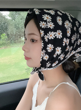 绿色雏菊田园风棉方巾丝巾发带文艺女百搭春秋花朵气质小领巾头巾