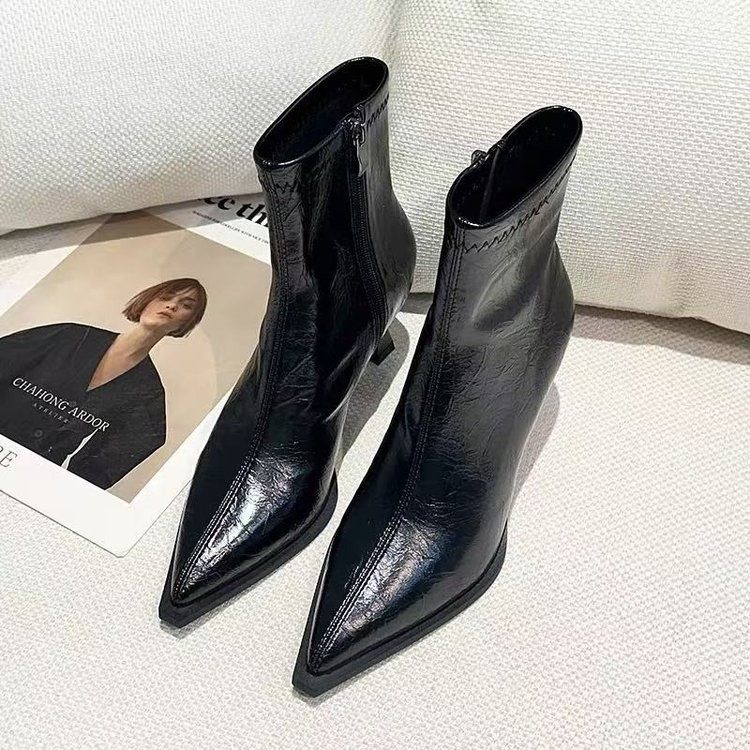 啄木鸟复古尖头高跟短靴女细跟2025秋冬新款百搭中跟瘦瘦靴女皮靴,淘宝优惠券,粉丝福利购,淘宝优惠卷