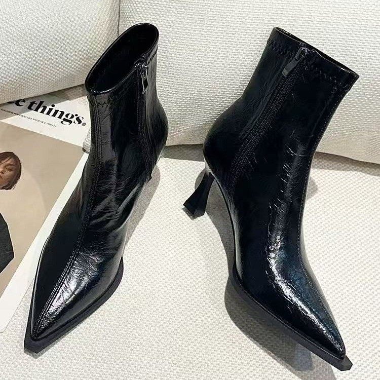 啄木鸟复古尖头高跟短靴女细跟2025秋冬新款百搭中跟瘦瘦靴女皮靴,淘宝优惠券,粉丝福利购,淘宝优惠卷