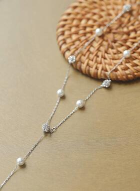 间隔珍珠闪钻颈球雅96869项链女S925清纯银小新优锁骨链简约百搭