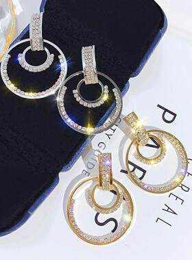 复古银色水钻圆环耳钉女双层圆圈耳环bling bling闪亮