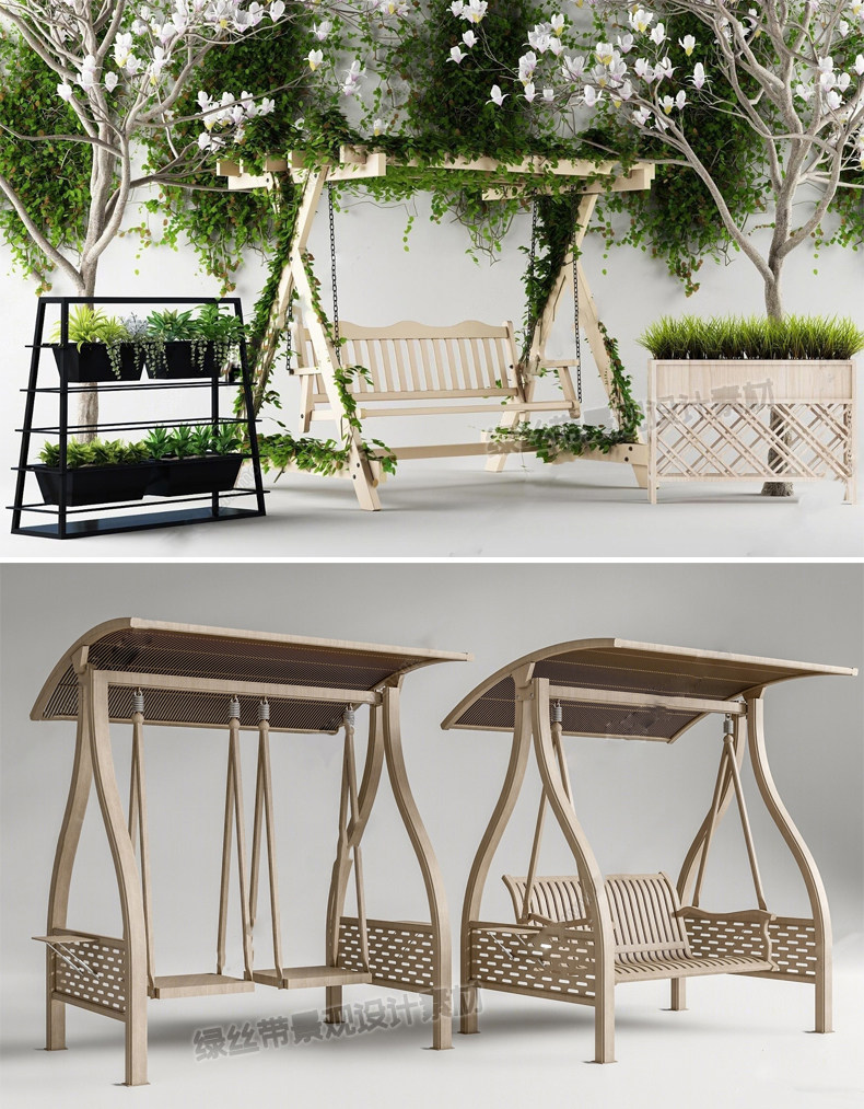 庭院花园秋千木质露台户外现代新中式吊椅摇椅草图大师SU模型素材,淘宝优惠券,粉丝福利购,淘宝优惠卷
