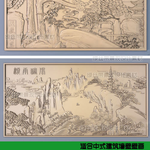 草图大师中式浮雕景墙雕花图案山水花鸟壁画砖雕影壁墙雕刻su模型 - 图0