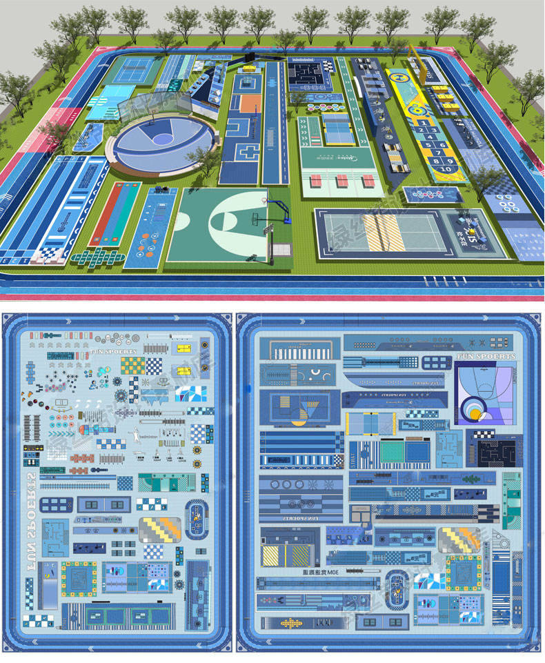 户外体育运动场地公园小区户外健身活动区足球羽毛球篮球场su模型 - 图1