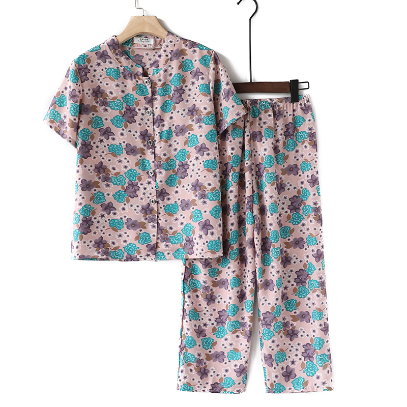妈LOVE咪妈妈冰丝夏装中老年人女装雪纺开衫奶奶宽松T恤衣服老人衬衫套装2