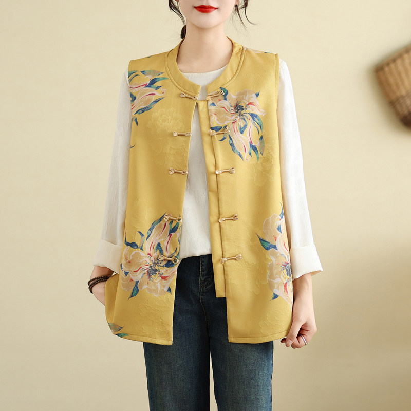 国风盘扣中式马甲上衣秋冬新款背心无袖复古坎肩提花印花大码女装 - 图3