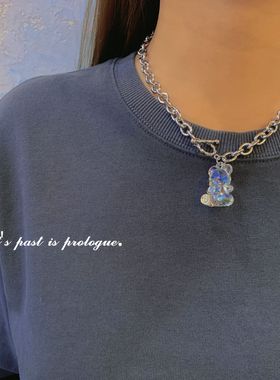 原宿风童趣甜酷珠光透明水晶小熊软糖项链女泰迪熊锁骨链