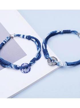 纯手工编织平安扣手绳简约小众设计原创蓝色多层扎染手链男女