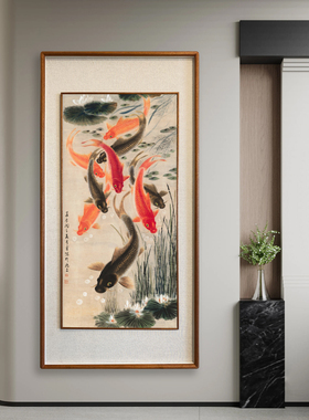 (九鲤图)立体实木聚财锦鲤新中式客厅挂画餐厅走廊过道竖版装饰画