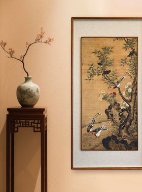 明代《桂菊山禽图》中古风花鸟玄关装饰画新中式茶室竖版挂画