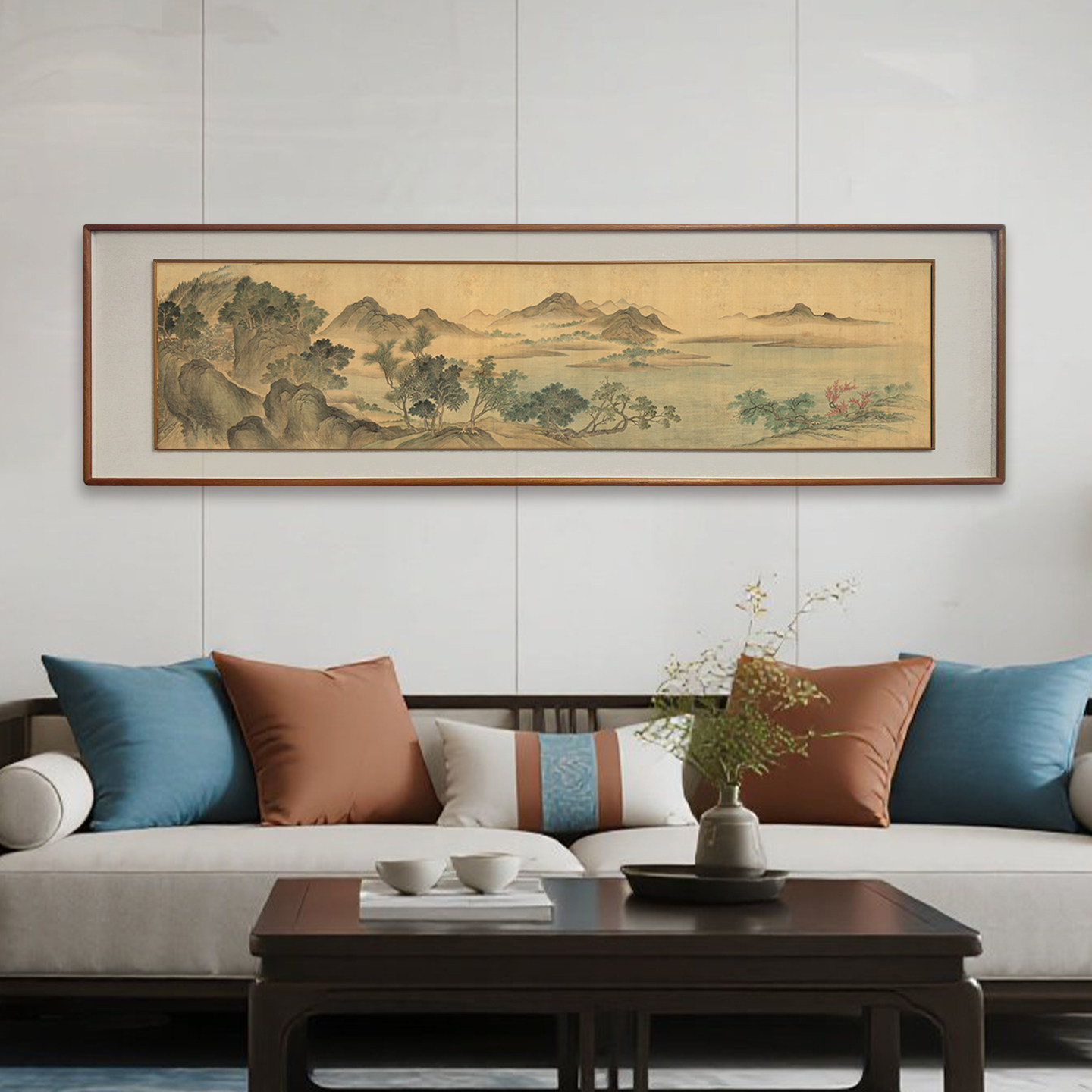 （湖山春暖图）水墨山水画客厅沙发背景挂画墙壁装饰画中式美学,淘宝优惠券,粉丝福利购,淘宝优惠卷