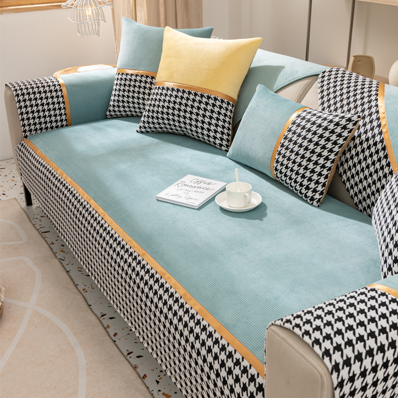 千鸟格沙发垫四季防滑皮罩靠背巾 怡沁园沙发垫