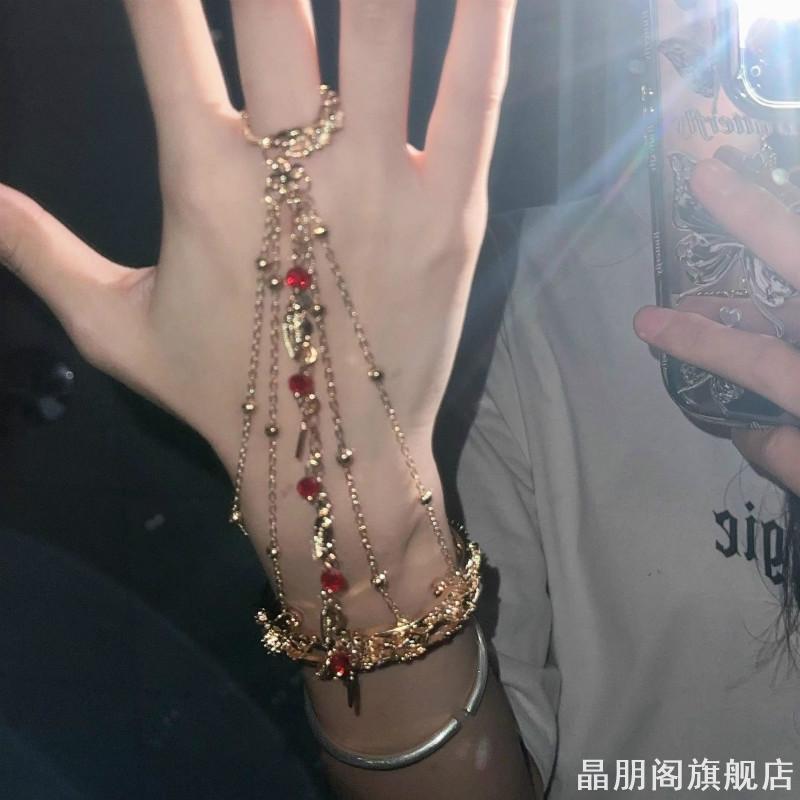 Super fairy Han clothing accessories ring bracelet one piece ancient style Dunhuang Feitian bracelet back chain exotic style ancient silver bell bracelet