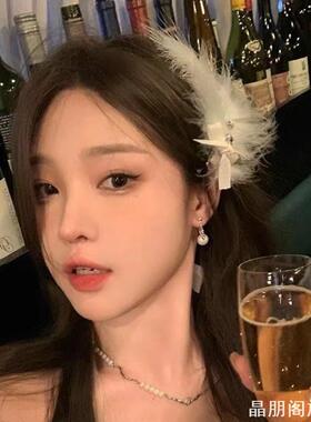 拍照发饰高级感新娘结婚夹子纯欲超仙侧边夹蝴蝶结羽毛发夹氛围感