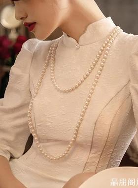 搭配旗袍仿珍珠项链双层锁骨链子女士复古脖子颈链多层毛衣链条