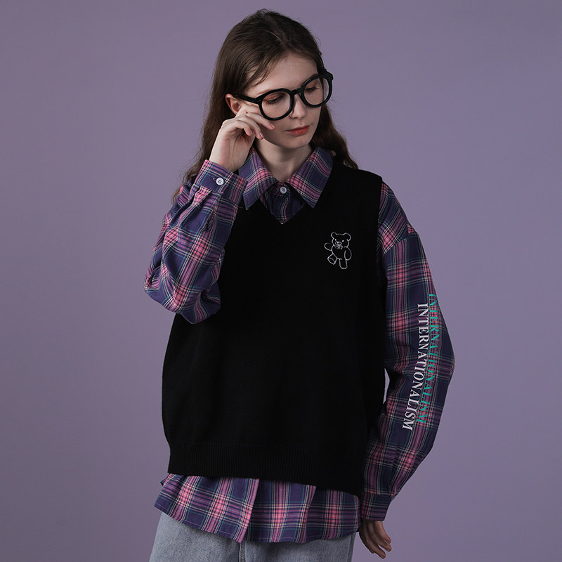 新款黑色女秋jk学院风v领宽松毛衣 佐贝卡毛针织衫