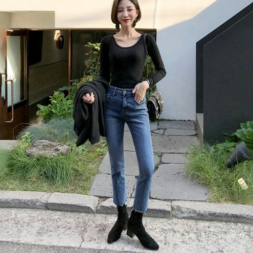 烟管裤女秋冬2025年新款加绒高腰显瘦小个子九分修身直筒牛仔裤子 - 图2
