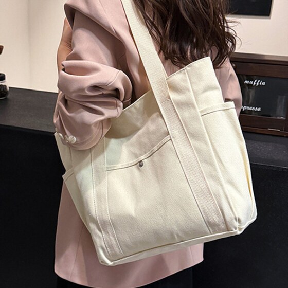 Canvas bag large capacity tote for work and outing, good-looking commuting, versatile literary and artistic new style student wear single shoulder bag