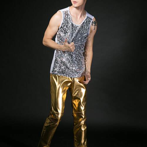 新款男歌手宽松背心潮男装大码表演服亮片演出服装舞台时尚 - 图2