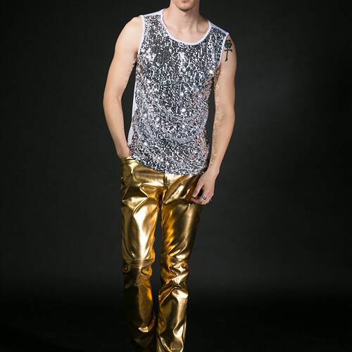 新款男歌手宽松背心潮男装大码表演服亮片演出服装舞台时尚 - 图1